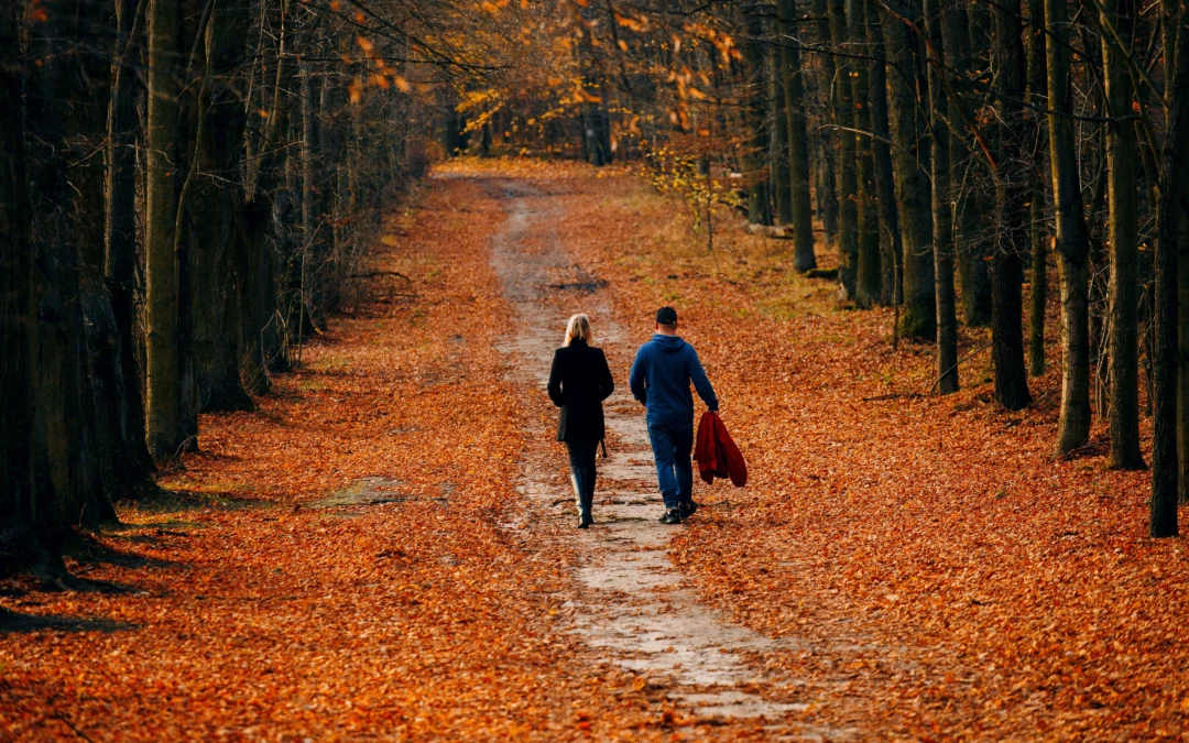 Couple marchant en forêt, automnale, jeûner en automne